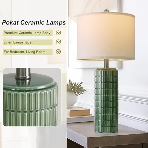 PoKat 27.5" Dark Green Ceramic Table Lamps for Living Room, Farmhouse Table Lamps Set of 2 for Bedroom Night Stands, Modern Bedside Lamps for End Side Table, Vintage Nightstand Decor Lamps Home Office - Image 6