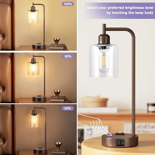 Innqoo Industrial Touch Table Lamps - 3-Way Dimmable Desk Lamps Set of 2 with USB C+A Ports and Outlet, Brown Bedside Lamps with Clear Glass Shade for Living & Bedrooms - Image 4
