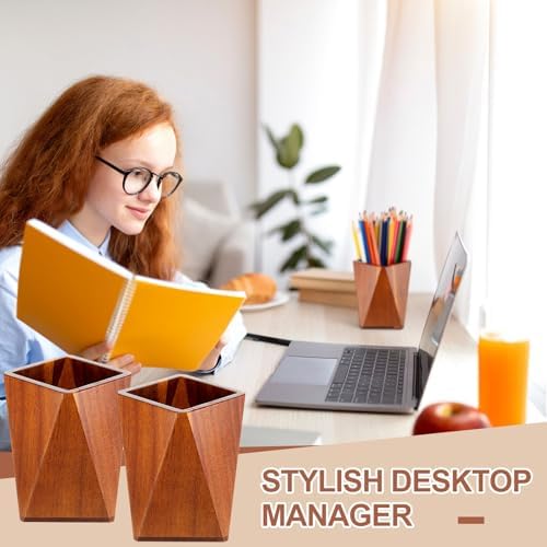 Henoyso 2 Pcs Acacia Wood Geometric Pen Holder Pencil Cup Office Desk - Image 3