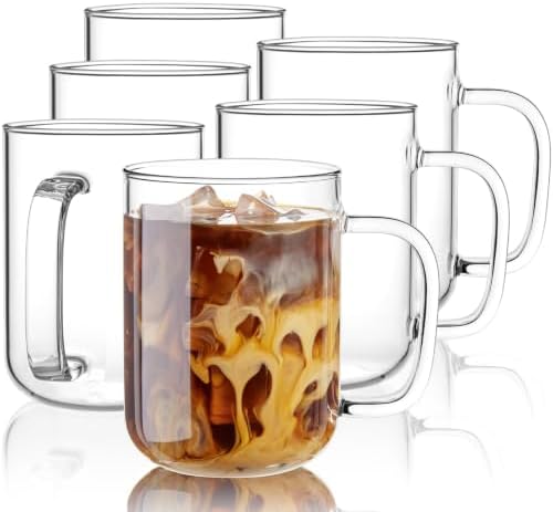 Glass Coffee Mugs, 24 oz Ice coffee cups, Large Clear Tea Cups Set of 6, Glass Mugs with Handles, Glass Cups for Latte, Cappuccino, and Tea by BWODYAY