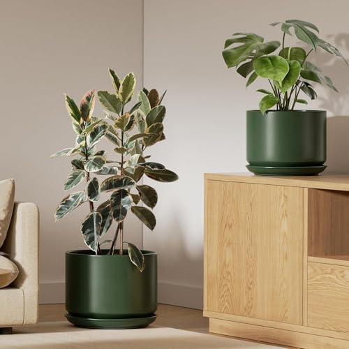 LE TAUCI 10 + 12 Inch Ceramic Plant Pots, Set of 2, Forest Green by LETAUCI