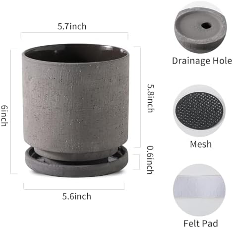 Nihow Ceramic Plant Pot Drainage Hole & Saucer for Indoor Plants, 5.7 Inch - Image 2