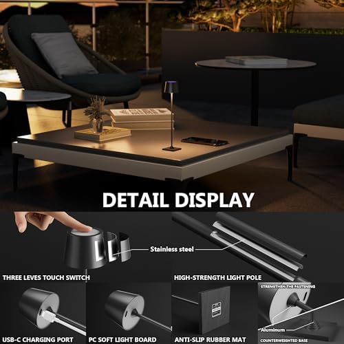 Timjorman Compact Cordless Table Lamp, Rechargeable LED Night Light, Dual Light Source (RGB Top & Warm Bottom), Touch Control & Timer, Metal Lamp for Bedroom & Kids Room (Black 1pack) - Image 3