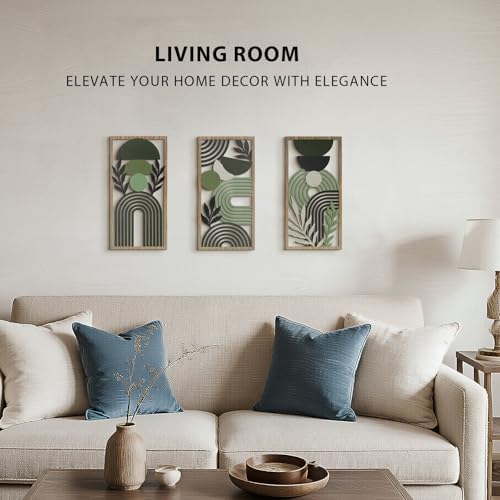 VIYYIEA Boho Solid Wood Carved Wall Art Set of 3, Geometric Minimalist Wooden Home Decor Panels, Handcrafted Solid Wood Wall Hanging for Living Room Bedroom Hallway, 16 x 8 Inch Each (Boho Green) - Image 5