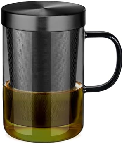ecooe Black Glass Tea Mug with Stainless Steel Infuser and Lid 16.9oz by ecooe
