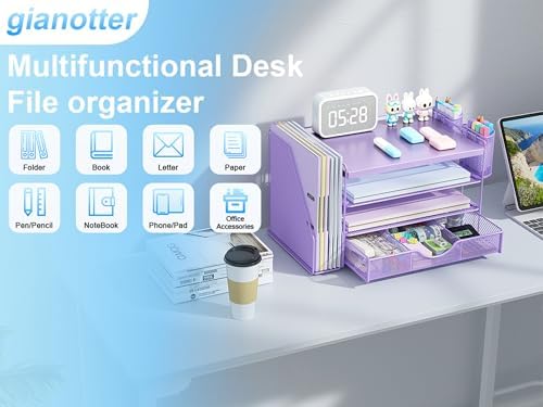 gianotter Wood Desk Organizers and Accessories with File Holder, 4-Tier Desk Accessories & Workspace Organizers with Drawer and 2 Pen Holder, Desk Reference Organizer (Purple, 4T with Metal Drawer) - Image 3