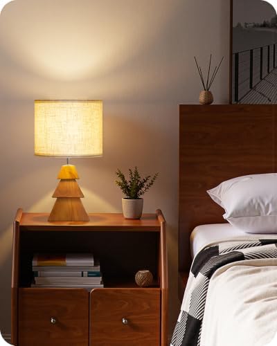 Wood Table Lamp, Wood Bedside Lamp with Tree-Shaped Base & Linen Lampshade, Modern Cute Desk Lamp for Living Room, Bedroom, E26 Base, Bulb Not Included, Beige and Dark Natural LE08TL05 - Image 3
