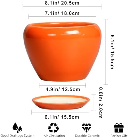 Ceramicfor Indoor Plant Pot, 8 Inch Ceramic Plant Pot, Orange - Image 3