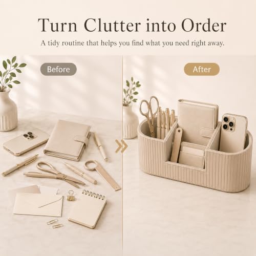 KINGFOM Aesthetic Desk Organizer for Women, Luxury Faux Leather Desk Accessories with 4 Compartments, Minimalist Vanity Organizer for Makeup Brushes, Beige Office Decor for Home, Bedroom & Workspace - Image 6