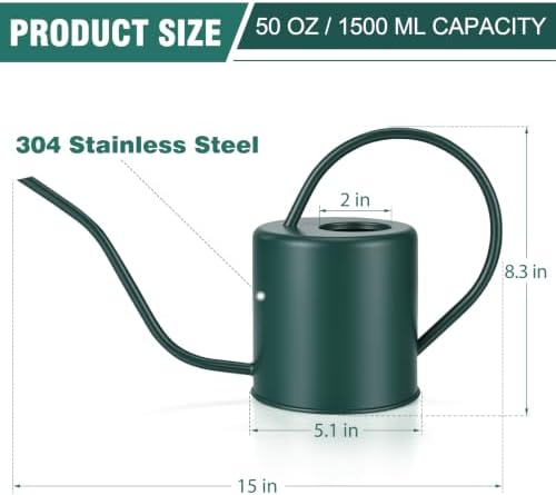 Plant Watering Can, 50 oz / 1500 ml Stainless Steel Metal - Modern Decorative with Long Spout for Indoor Potted Plants, Bonsai, Garden Flowers, Alpinegreen - Image 3