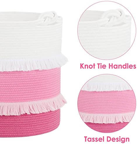 CherryNow 60L Woven Rope Baby Basket with Tassel, 17" x 16", Pink - Image 6