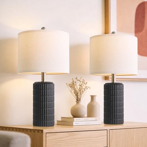 PoKat Small Table Lamps Set of 2 for Bedroom, 20.75'' Matte-Textured Farmhouse Ceramic Bedside Lamps for Night Stands, Stone-Like Modern Lamps for Living Room End Table Hallway Entryway Decor Black by Pokat