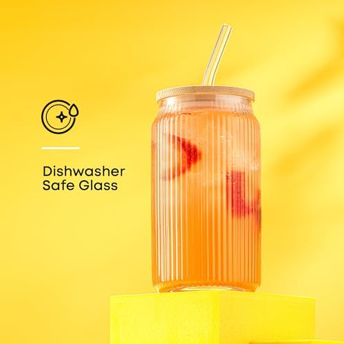 JoyJolt Fluted Glass Tumblers with Bamboo Lids and Glass Straws, Ribbed Can Shaped Drinking Glasses Set of 4, 16oz Cup with Lids and Straws, Iced Coffee Cups, Cocktail/Beer Glasses, Tea Cups - Image 5