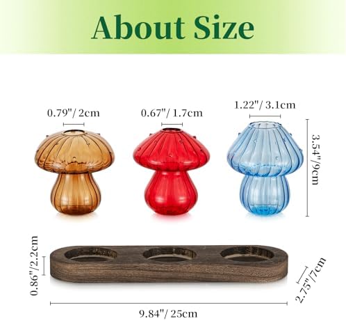 Hewory Plant Propagation Station: 3PCS Colored Mushroom Vase with Wood Tray - Image 5