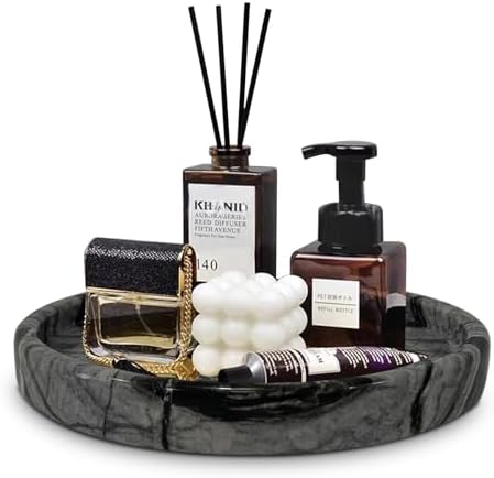 Travertine Tray, Small Ceramic Vanity Tray for Bathroom Counter Decor, Round Marble Decorative Trays for Coffee Table (Grey Black, Medium Size) by Unknown