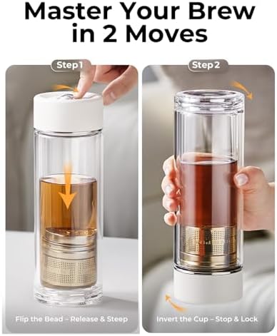 MagnaDrop Tea Tumbler – Double Wall Glass Tea Infuser Cup with Magnetic Steep Control & Bead Switch, Leakproof Travel Mug for Loose Leaf, 12.5oz - Image 2
