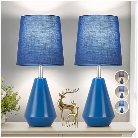 Small Bedside Table Lamp for Bedroom-Reading Desk Lamp Set of 2,with 3 Color Temperatures,15.5" Nightstand Ceramic Lamp with Fabric Shade for Kids Room,Living Room,Dorm,Home Office(Blue) by Illuminatingyoumeandhim