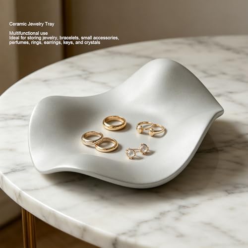 Ymiko Ceramic Jewelry Tray Dish Key Holder Minimalist Sophisticated Design for Vanity Entryway Table Bedroom Bathroom Decor Silver - Image 3