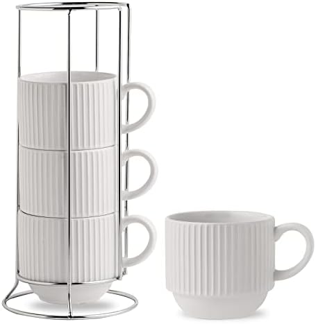 HASENSE 15 oz Ribbed Stackable Coffee Mug Set of 4, Porcelain Latte Cups with Metal Rack, Dishwasher & Microwave Safe, Cappuccino Tea Hot Cocoa, White by Hasense