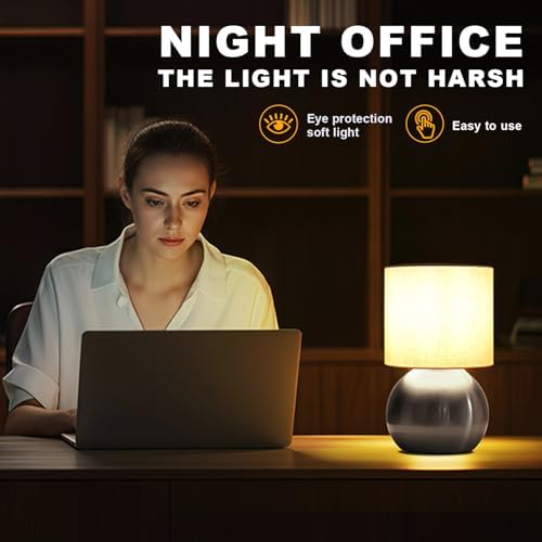 Modern Silvery Small Table Lamp with Cotton Linen Shade, 6.2×6.2×10.4 inch LED Desk Light, One-Button Switch for Bedroom, Living Room, Nightstand, Includes Warm Light Bulb - Image 2