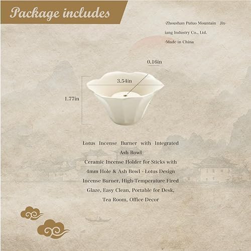 Ceramic Incense Holder for Sticks with 4mm Hole & Ash Bowl - Lotus Design Incense Burner, High-Temperature Fired Glaze, Easy Clean, Portable for Desk, Tea Room, Office Decor，Milky White - Image 2