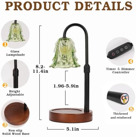 Small Candle Warmer Lamp with Timer, Adjustable Green Lamp Warmer for Jar Candles, Christmas Birthday Gifts for Women Mom Her, Unique Dimmable Candle Heater, Cute Wax Warming Light with Wood Base - Image 2