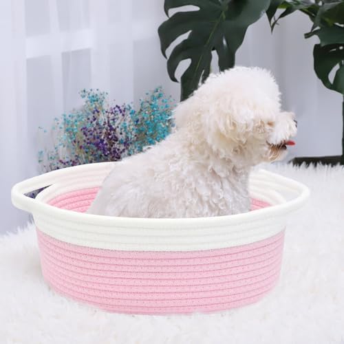 ABenkle Small Basket with Handles, Boho Decorative Rope Woven Dog Cat Toy Storage Bin Shelf Storage Organizer, Easter Christmas Gift Basket, 12"x8"x5", Pink - Image 3