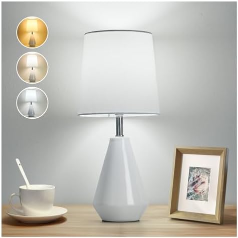 Small Bedside Table Lamp for Bedroom - Reading Desk Lamp with 3 Color Temperatures，15.5" Nightstand Ceramic Lamp with Fabric Shade for Kids Room,Living Room,Dorm,Home Office (White) by Illuminatingyoumeandhim