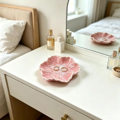 Pink Flower Ceramic Jewelry Dish - Rustic Glazed Trinket Tray for Rings Earrings, Boho Vanity Organizer for Bathroom Counter Nightstand Desk, Small Catch All Bowl for Keys Coins, Gift for Women - Image 2