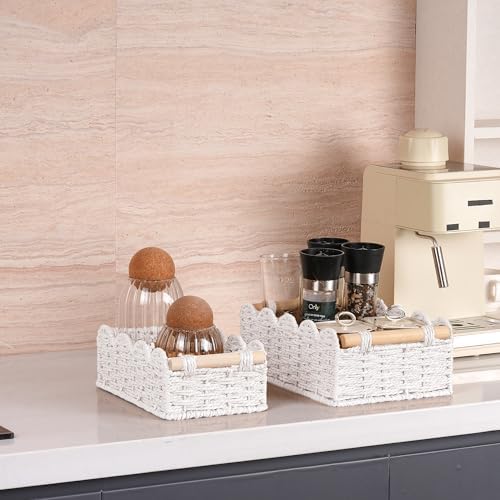iEGrow Paper Rope Small Storage Baskets for Organizing, Set of 2 Scalloped Edge Wicker Basket with Wooden Handles Toilet Paper Basket for Over Toilet Storage Shelf, Home Decor, Living Room (White) - Image 4