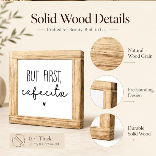 Coffee Bar Decor Wooden Sign, But First Cafecito Tabletop Plaque, Farmhouse Kitchen Counter Shelf Sitter, Rustic Coffee Station Decor For Home Cafe Corner, Coffee Lover Gift, 5.9 x 5.9 in - Image 6