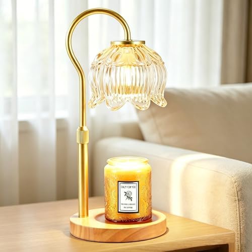 Dreamholder Electric Candle Warmer Lamp with Timer, Dimmable Candle Lamp with Adjustable Height, Glass Wax Melter for Jar Candles Wood Base Floral Home Decor Gifts for Women Mom, Natural Wood by Dreamholder