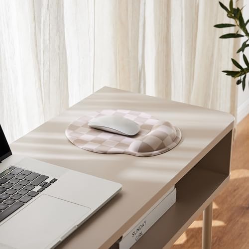 Ohocut Beige Khaki Checkered Mouse Pad with Gel Wrist Rest, Wrist Support, Ergonomic Desk Accessories for Women, Office Laptop Gaming Decor, Cute Aesthetic Check Design - Image 3