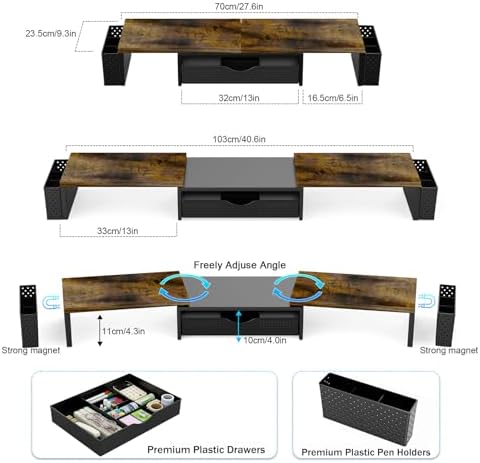 Spacrea Wood Dual Monitor Stand Riser with Drawer and 2 Pen Holders - Image 5