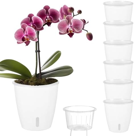 Self Watering Pots for Indoor Plants, 6-Pack 5'' Self Watering Planter with Drainage Holes, Small African Violet Pots with Water Indicator, Clear Wick Orchid Pot, White by KvyusFlourish