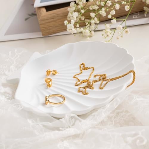 Shell Jewelry Dish, Shatterproof Matte White Metal Ring Tray with Velvet Base, Ceramic-Look Scallop Trinket Dish for Vanity, Coastal Decor Catchall, Nightstand & Gift - Image 2