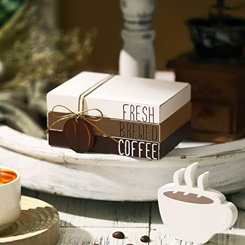 Yookeer 4 Pcs Coffee Bar Decor Accessories Coffee Signs Mini Wooden Book Stacks Cafe Shop Decoration for Tiered Tray Table Shelf Rustic Farmhouse Home Decor - Image 3