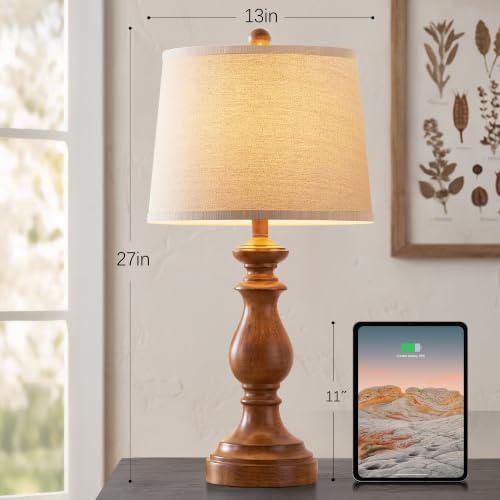 PARTPHONER Traditional Table Lamp Set of 2, Rustic Farmhouse Table Lamps for Living Room Bedroom, 27" Bedside Desk Lamps Vintage Nightstand Lamps with Linen Shades, Wood Grain - Image 3