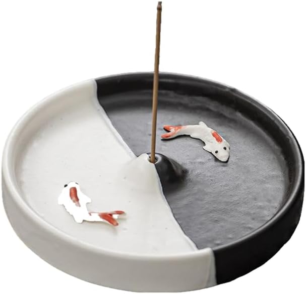 Incense Holder Modern Minimalist Circular Incense Stick Burner for Cones or Sticks for Yoga & Meditation, Enhance Atmosphere,Ceramic Ash Catcher Black and White with Small Fish by Warmself