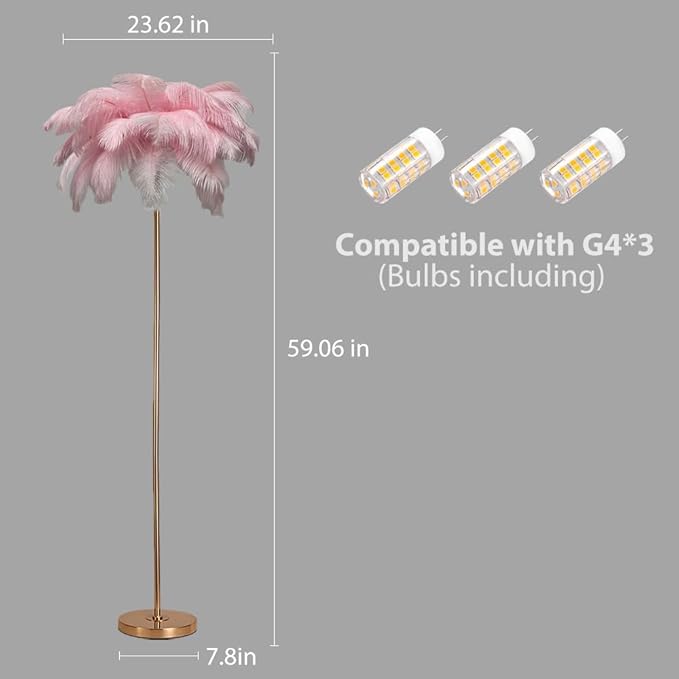 ZYLEIESENBAO Pink Feather Lamp Romantic Ostrich Feather Floor Lamp Nordic Fluffy Standing Light for Girl Bedside Creative Furry Floor Lamp for Sofa Living Room Corner in Bedroom Hotel Wedding