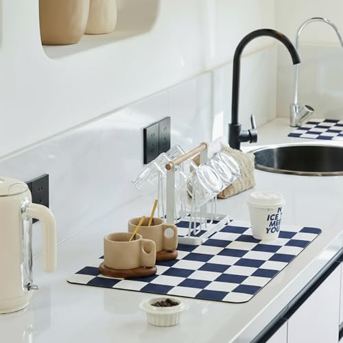 Ohocut Checkered Dish Drying Mat for Kitchen Counter, Coffee Bar Station Accessories, Retro Cute Aesthetic Modern Absorbent Drainer Mat Kitchen Drying Mat Easy Clean (Navy Blue, 24" x 16") by Ohocut
