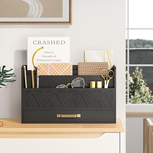 Bamboo Mail Organizer Countertop Pen Holder Wooden Desktop Storage Drawers by WISUCART