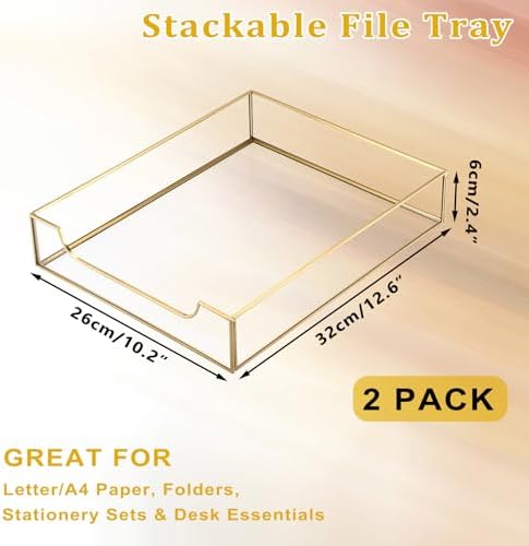 BTSKY 2 Pack Golden Glass Desk Tray, Multi-Purpose Organizer for A4 Paper, Documents, Desk Supplies, Makeup, Clear File Tray with Metal Frame, Stackable Decorative Storage for Home Office Vanity - Image 3