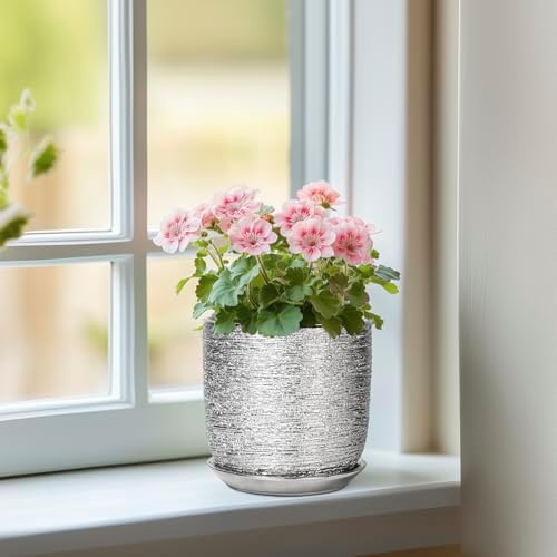 Ceramic Plant Pot 5 Inch - Indoor Planter with Drainage Hole and Saucer, Round Modern Flower Pot for Succulent Plants, Housewarming Gifts, Office Home Desk Decor, Silver - Image 2
