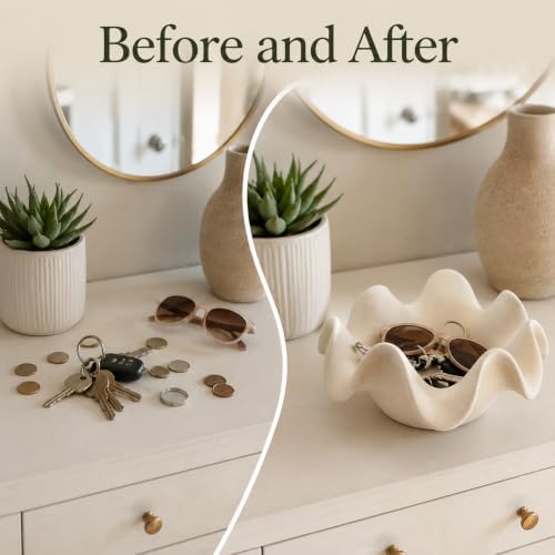 Off White Matte Scalloped Ceramic Decorative Bowl 7.8x2.9In Key Dish Bowl For Entryway Table Sand Candle Display Bowl Coffee Table Shelf Home Decor Trinket Candy Storage Gift - Image 6