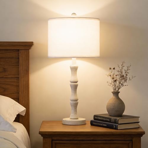 BOBOMOMO 25" Farmhouse Bedside Lamps Set of 2, Vintage Nightstand Lamps with Antique White Resin Base & Linen Shade, Standard Table Lamps for Bedroom, Living Room, End Table & House Décor - Image 5