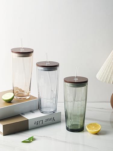 NIRA.Z Glass Tumbler with Lid and Straw 20oz, Ribbed Aesthetic Glass Cup for Iced Coffee, Green Drinking Tumbler with Wooden Lid, Reusable Straw Cup - Image 6