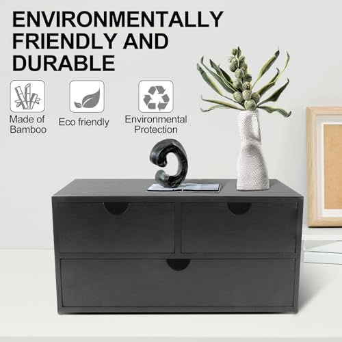 Charmewooden Bamboo Desk Organizer with 3 Drawers, Countertop Organizer with Drawers Makeup Storage Drawer 3 Drawer Tabletop Storage Organization Box Home Office Workspace（Black） - Image 5