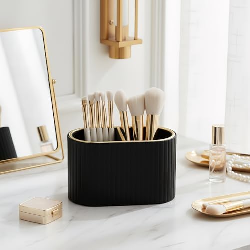 KINGFOM PU Leather Desk Organizer Pen Holder – Dual-Compartment Stylish Pencil Cup Remote Control Holder Desktop Supplies and Accessories Organizer Caddy for Office Home School (Black) - Image 4