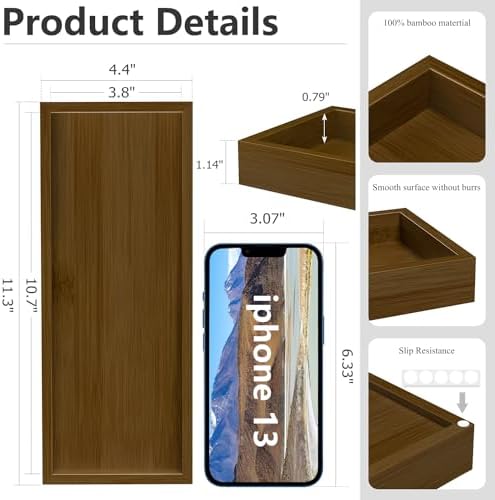 ZHWS Bathroom Vanity Tray for Toilet Tank, Perfume, Jewelry, Candle, Makeup, Decorative Tray, Kitchen Tray Counter Organizer for Soap Dispenser, Coffee Table Brown 11.3”L x 4.4”W x 1.14”H - Image 6